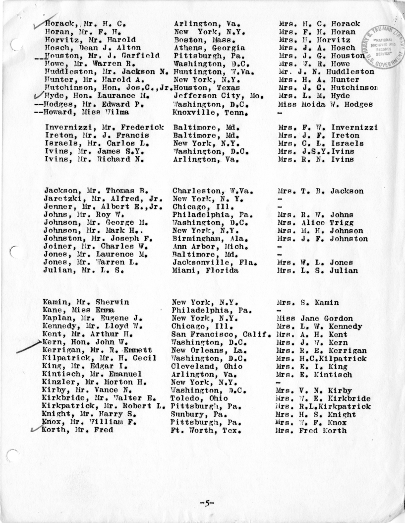 Daily Appointment Sheet for President Harry S. Truman
