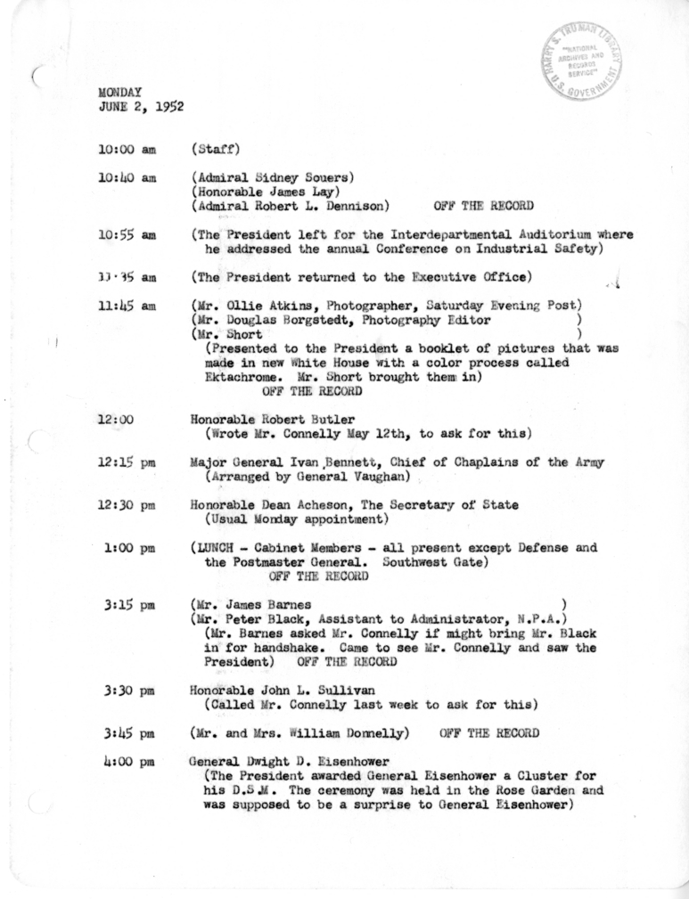 Daily Appointment Sheet for President Harry S. Truman