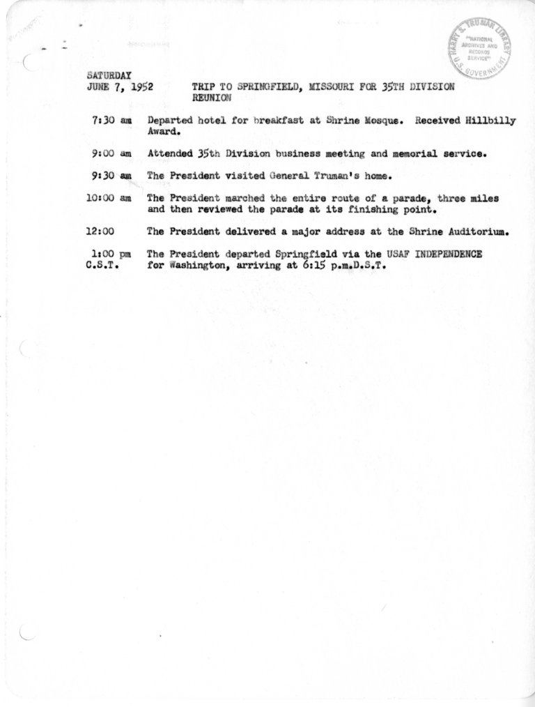 Daily Appointment Sheet for President Harry S. Truman