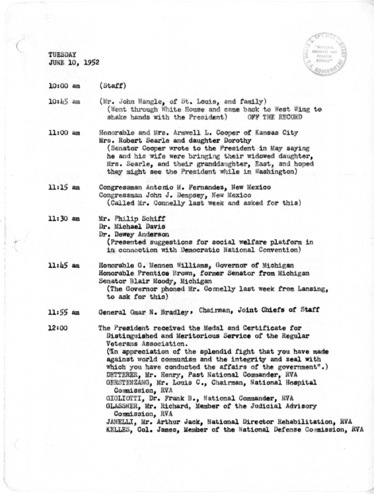Daily Appointment Sheet for President Harry S. Truman