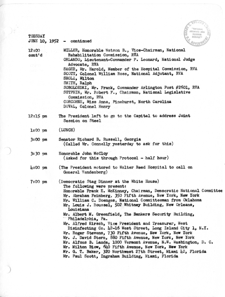 Daily Appointment Sheet for President Harry S. Truman