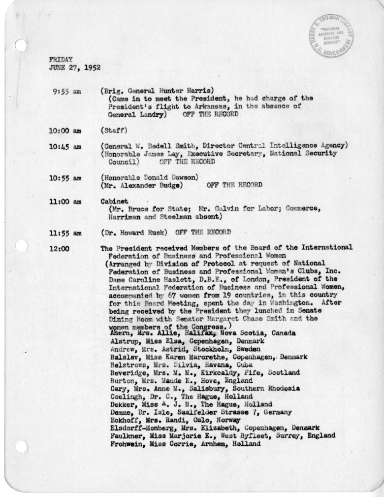 Daily Appointment Sheet for President Harry S. Truman