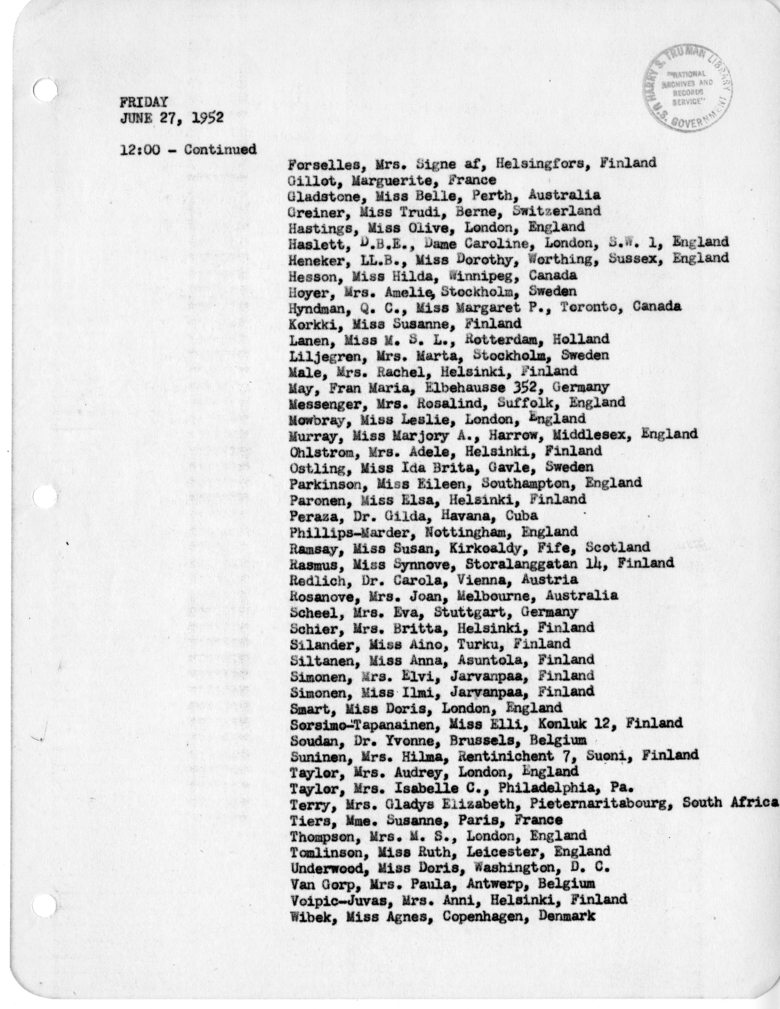 Daily Appointment Sheet for President Harry S. Truman