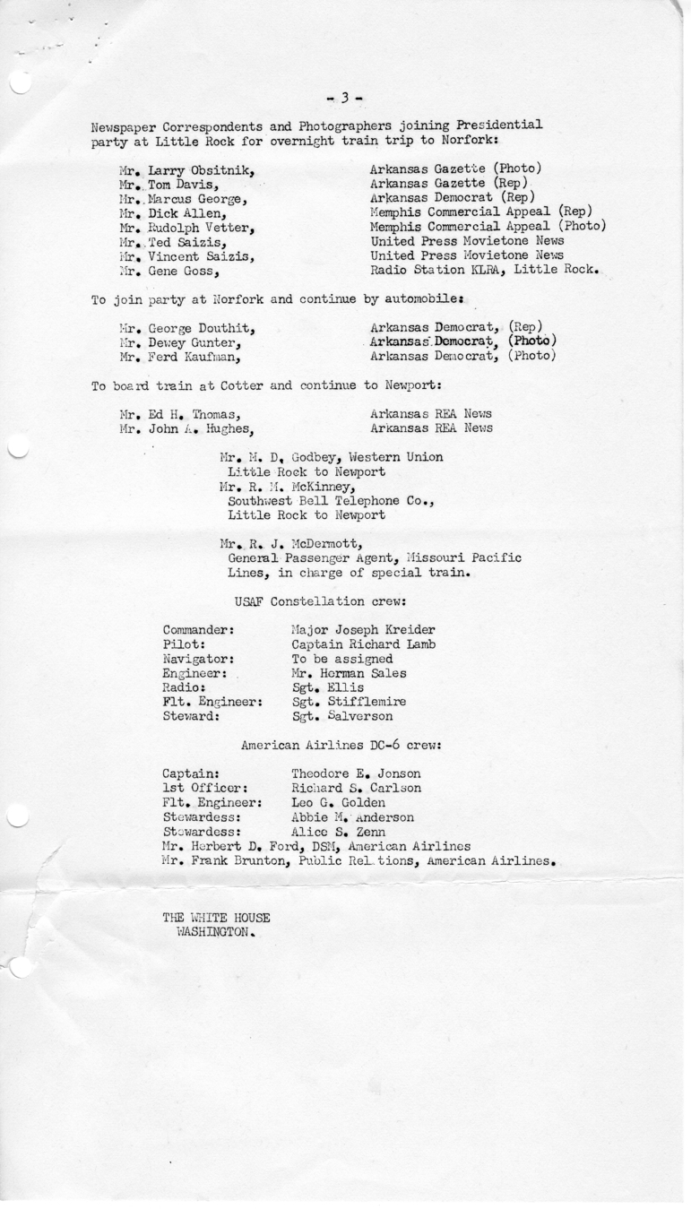 Itinerary and the President's Party for President Harry S. Truman's Trip to Arkansas