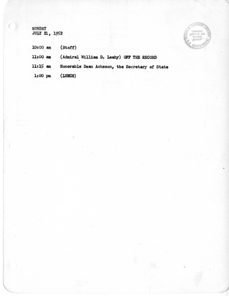 Daily appointment sheet for president harry s truman harry s truman