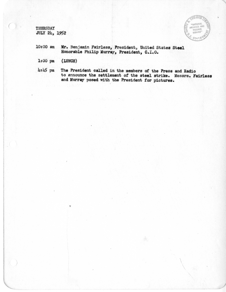 Daily Appointment Sheet for President Harry S. Truman