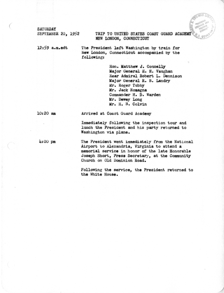 Daily Appointment Sheet for President Harry S. Truman