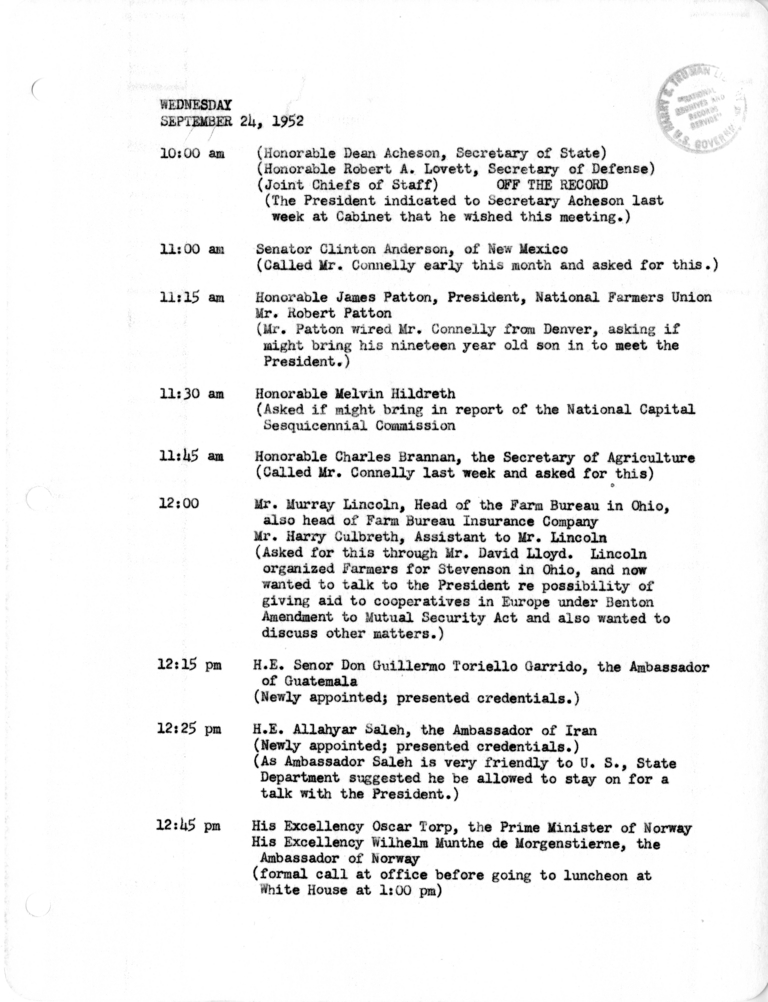 Daily Appointment Sheet for President Harry S. Truman