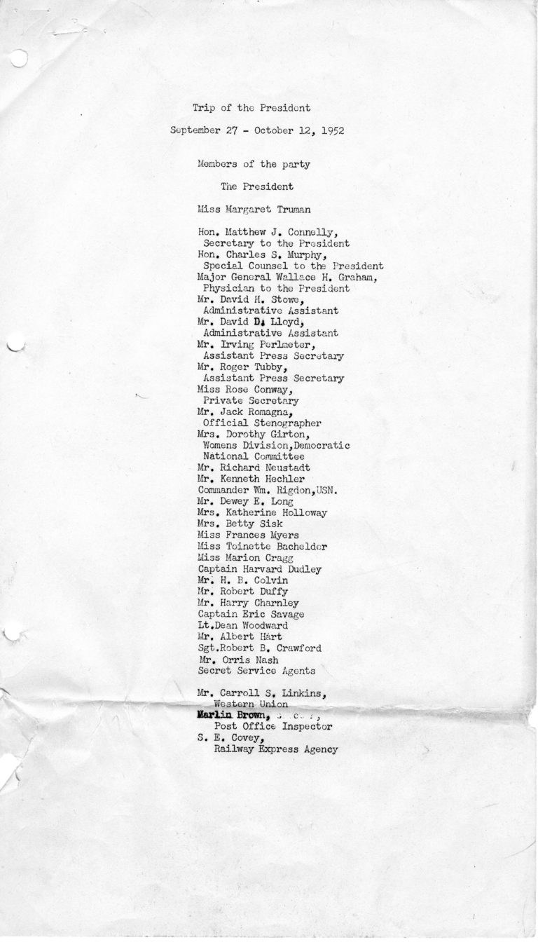 Itinerary and List of the President's Party for President Harry S. Truman's Western Campaign Trip