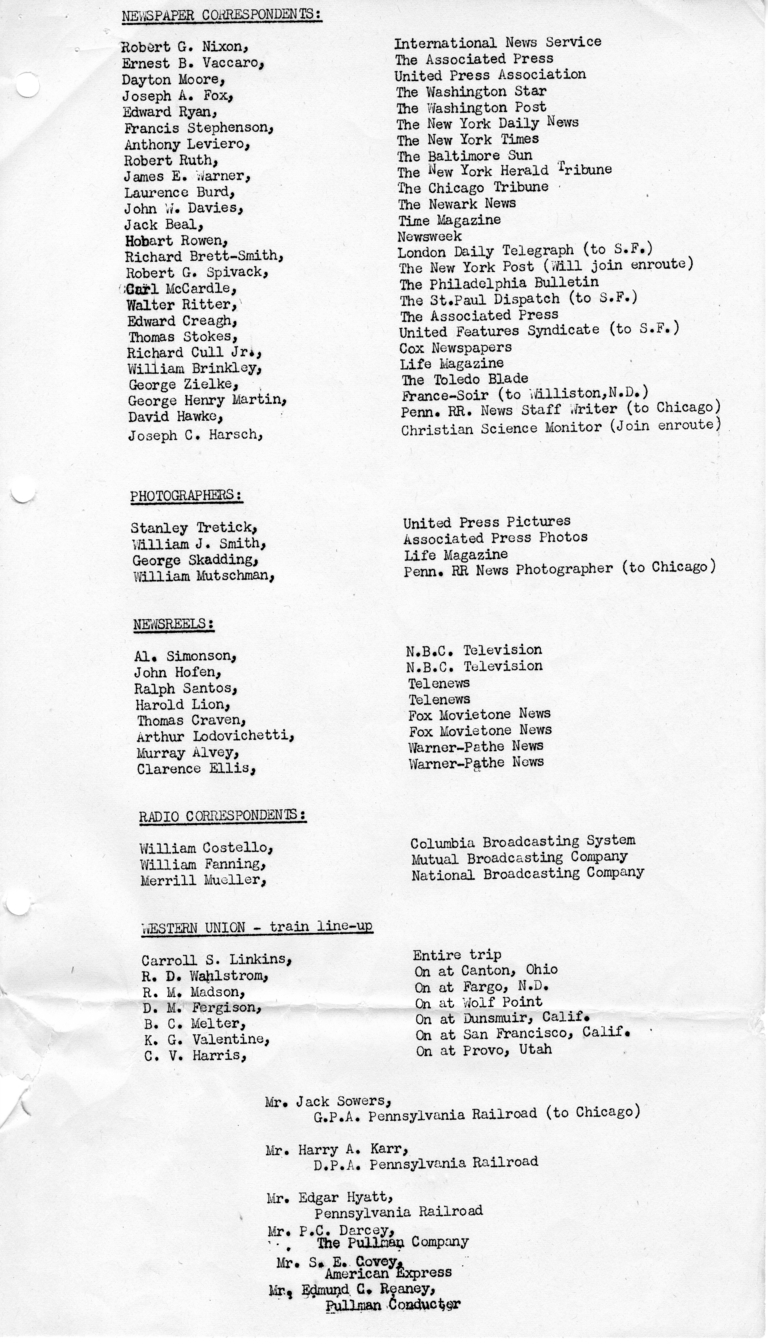 Itinerary and List of the President's Party for President Harry S. Truman's Western Campaign Trip