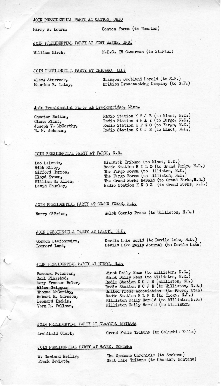 Itinerary and List of the President's Party for President Harry S. Truman's Western Campaign Trip
