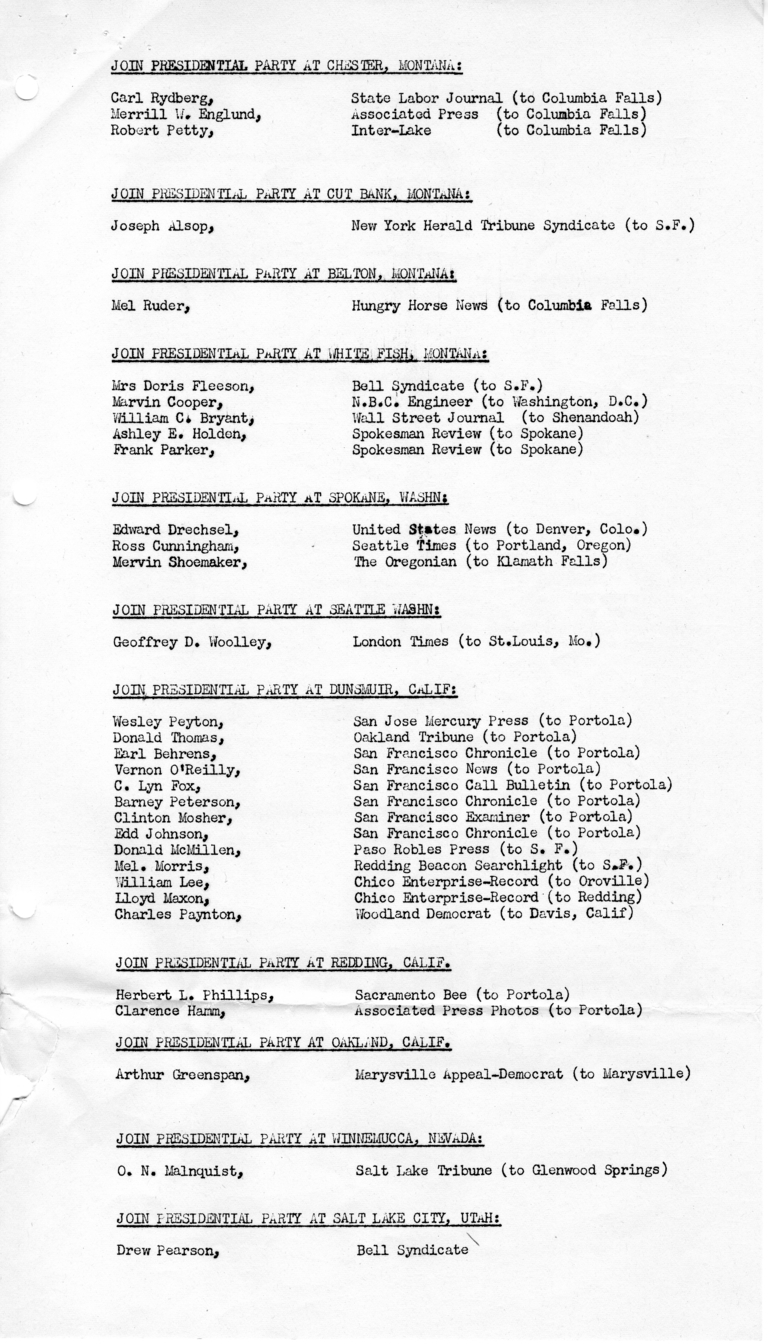 Itinerary and List of the President's Party for President Harry S. Truman's Western Campaign Trip