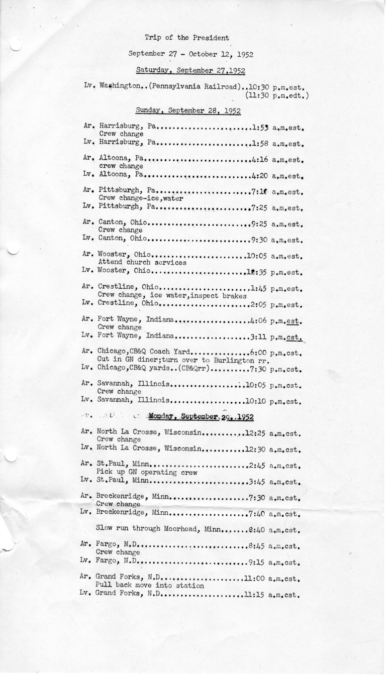 Itinerary and List of the President's Party for President Harry S. Truman's Western Campaign Trip