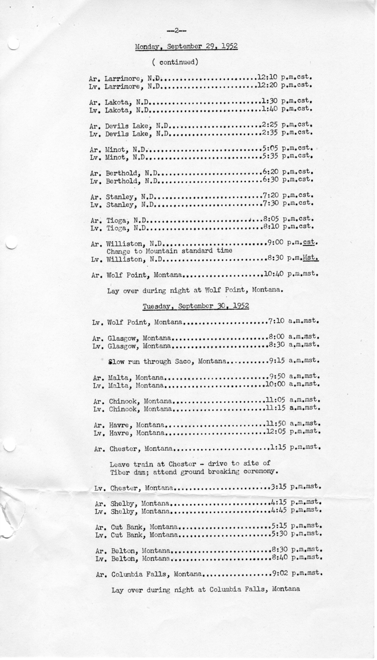 Itinerary and List of the President's Party for President Harry S. Truman's Western Campaign Trip