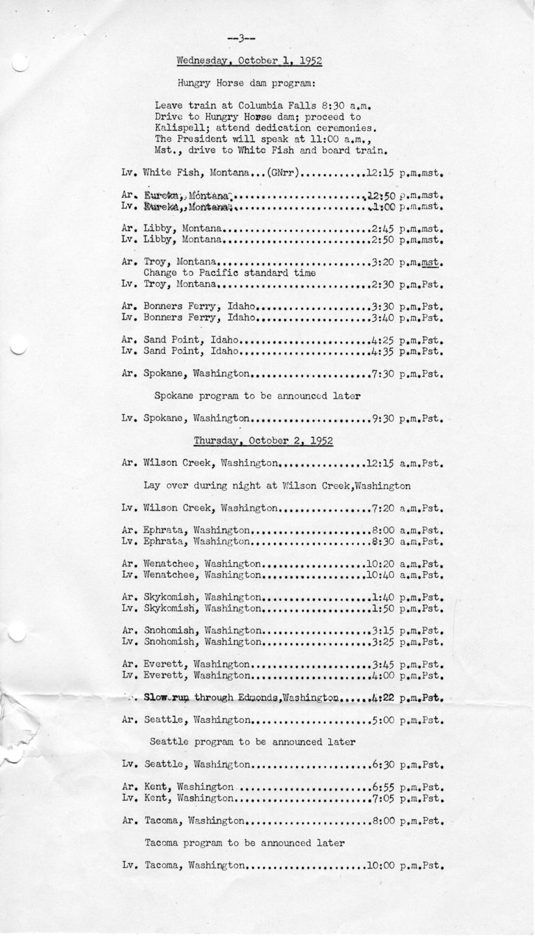 Itinerary and List of the President's Party for President Harry S. Truman's Western Campaign Trip