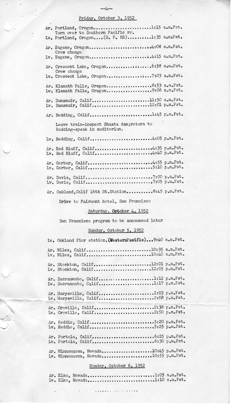 Itinerary and List of the President's Party for President Harry S. Truman's Western Campaign Trip