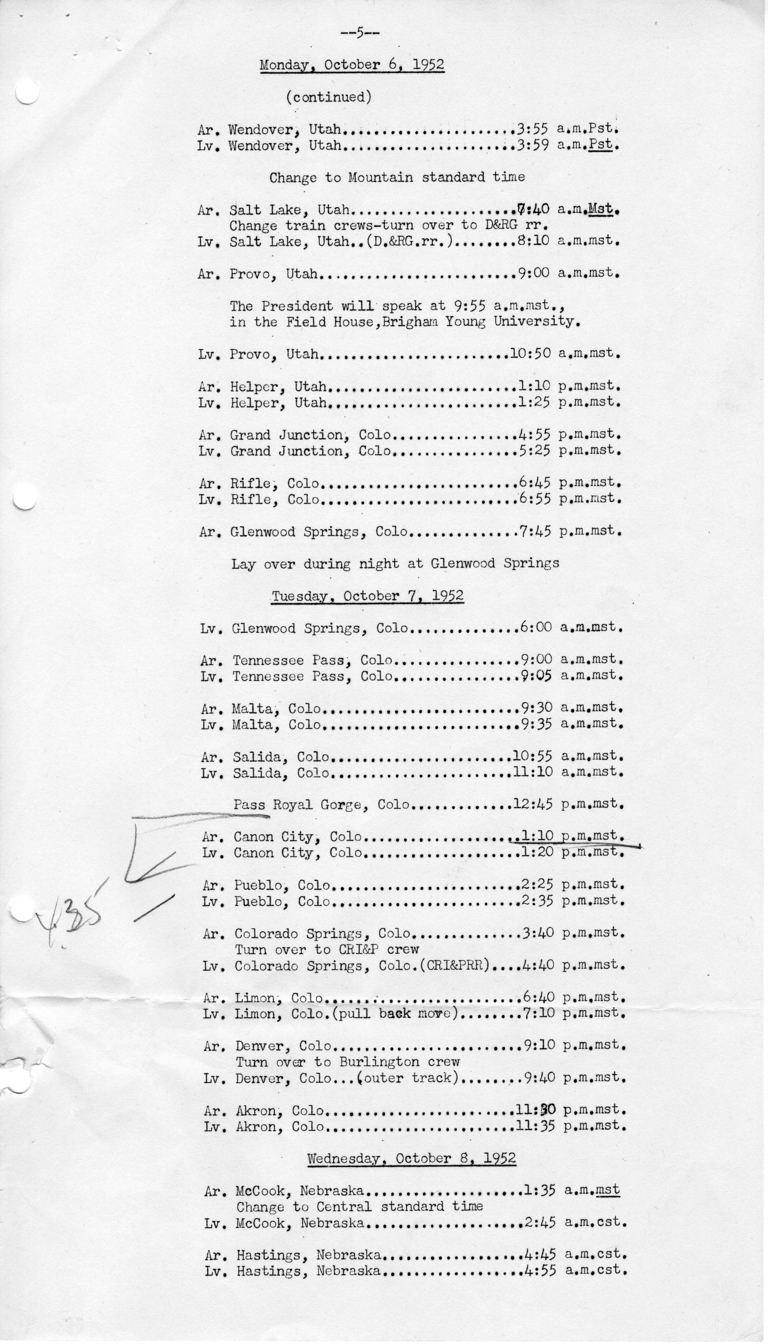 Itinerary and List of the President's Party for President Harry S. Truman's Western Campaign Trip