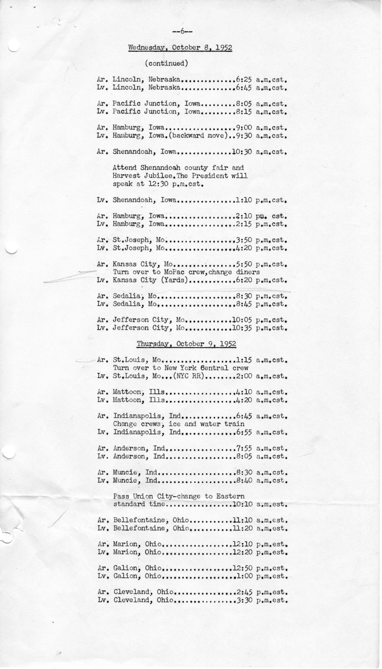 Itinerary and List of the President's Party for President Harry S. Truman's Western Campaign Trip