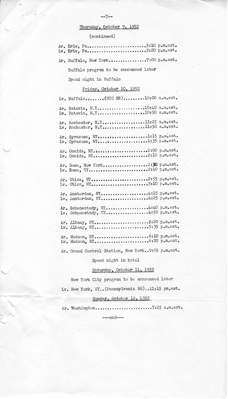 Itinerary and List of the President's Party for President Harry S. Truman's Western Campaign Trip