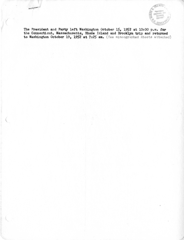 Itinerary and List of the President's Party for President Harry S. Truman's Campaign Trip