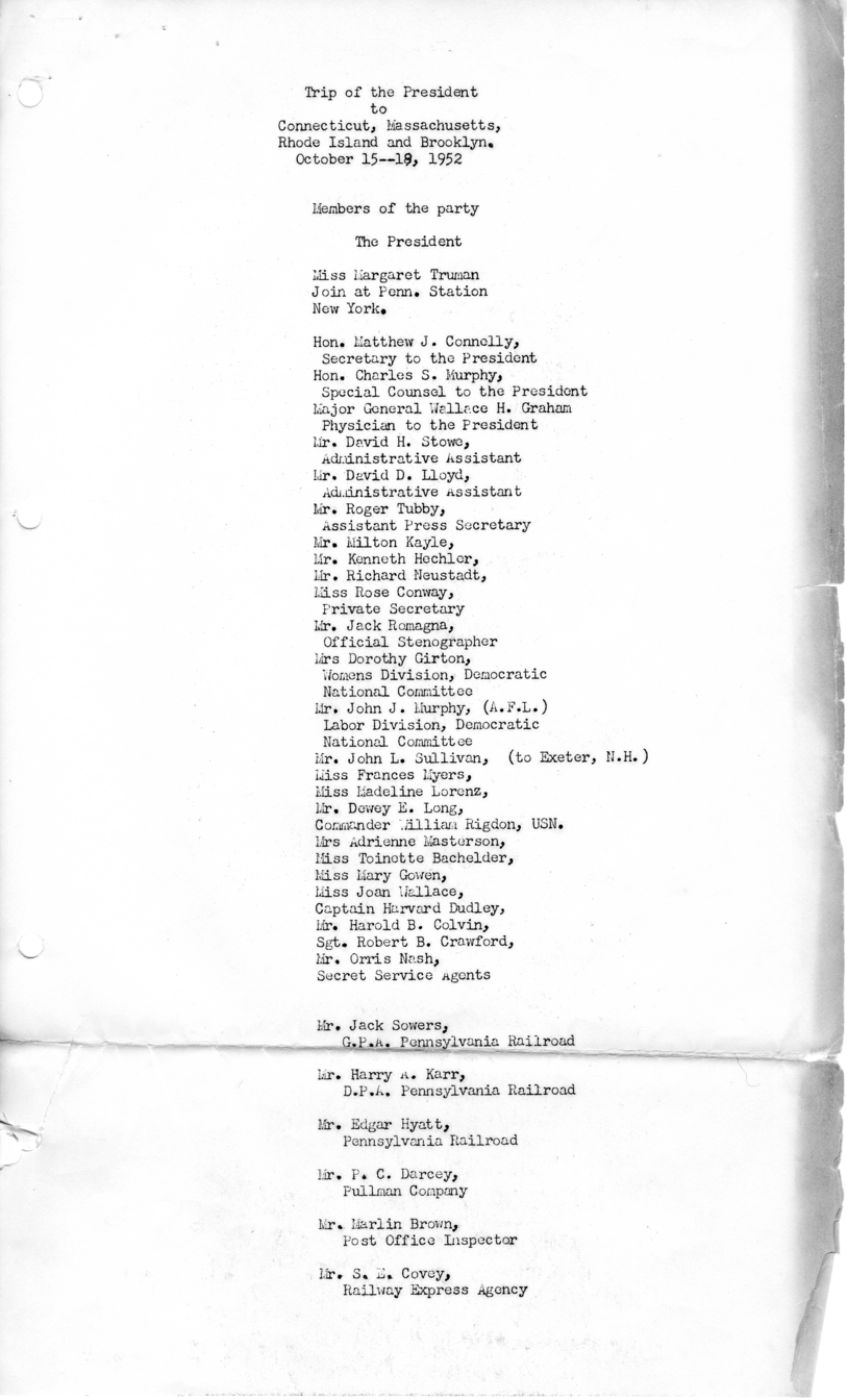 Itinerary and List of the President's Party for President Harry S. Truman's Campaign Trip