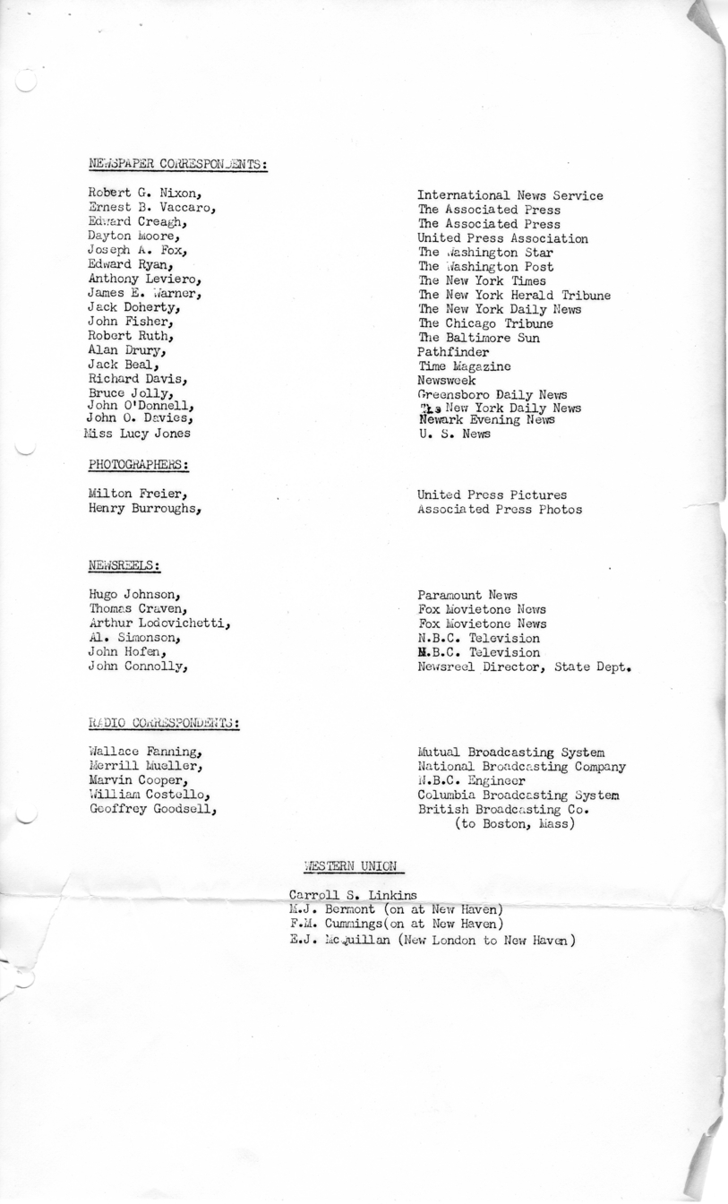Itinerary and List of the President's Party for President Harry S. Truman's Campaign Trip