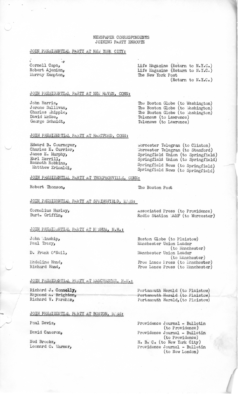 Itinerary and List of the President's Party for President Harry S. Truman's Campaign Trip