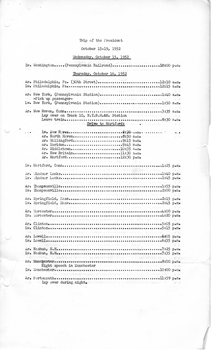 Itinerary and List of the President's Party for President Harry S. Truman's Campaign Trip