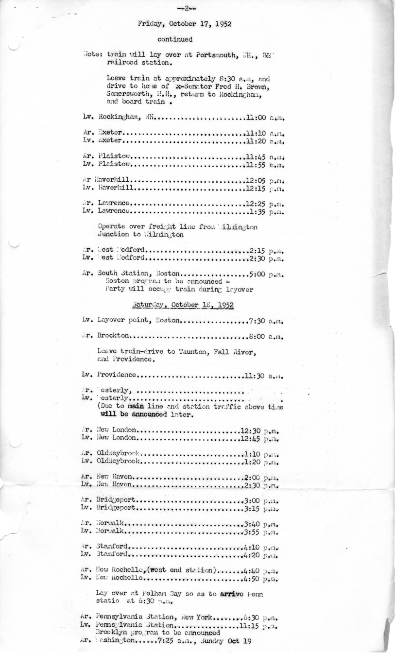Itinerary and List of the President's Party for President Harry S. Truman's Campaign Trip
