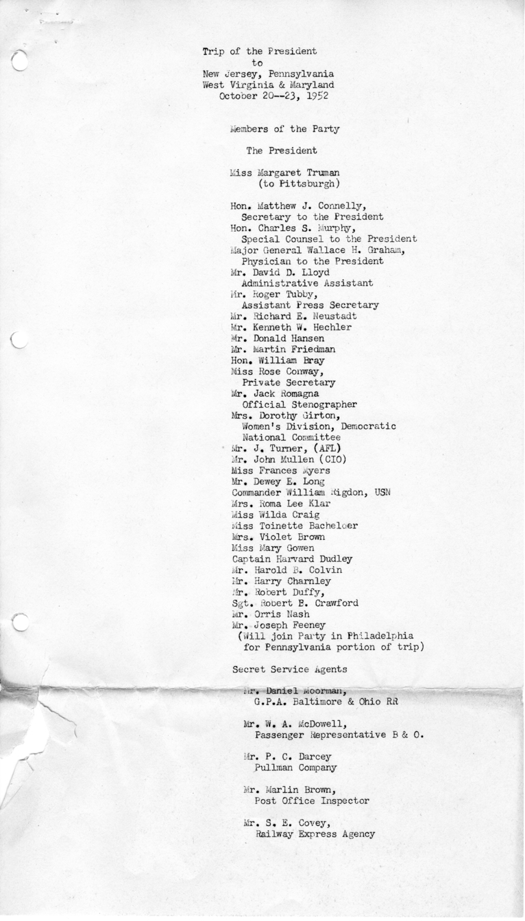 Itinerary and List of the President's Party for President Harry S. Truman's Campaign Trip
