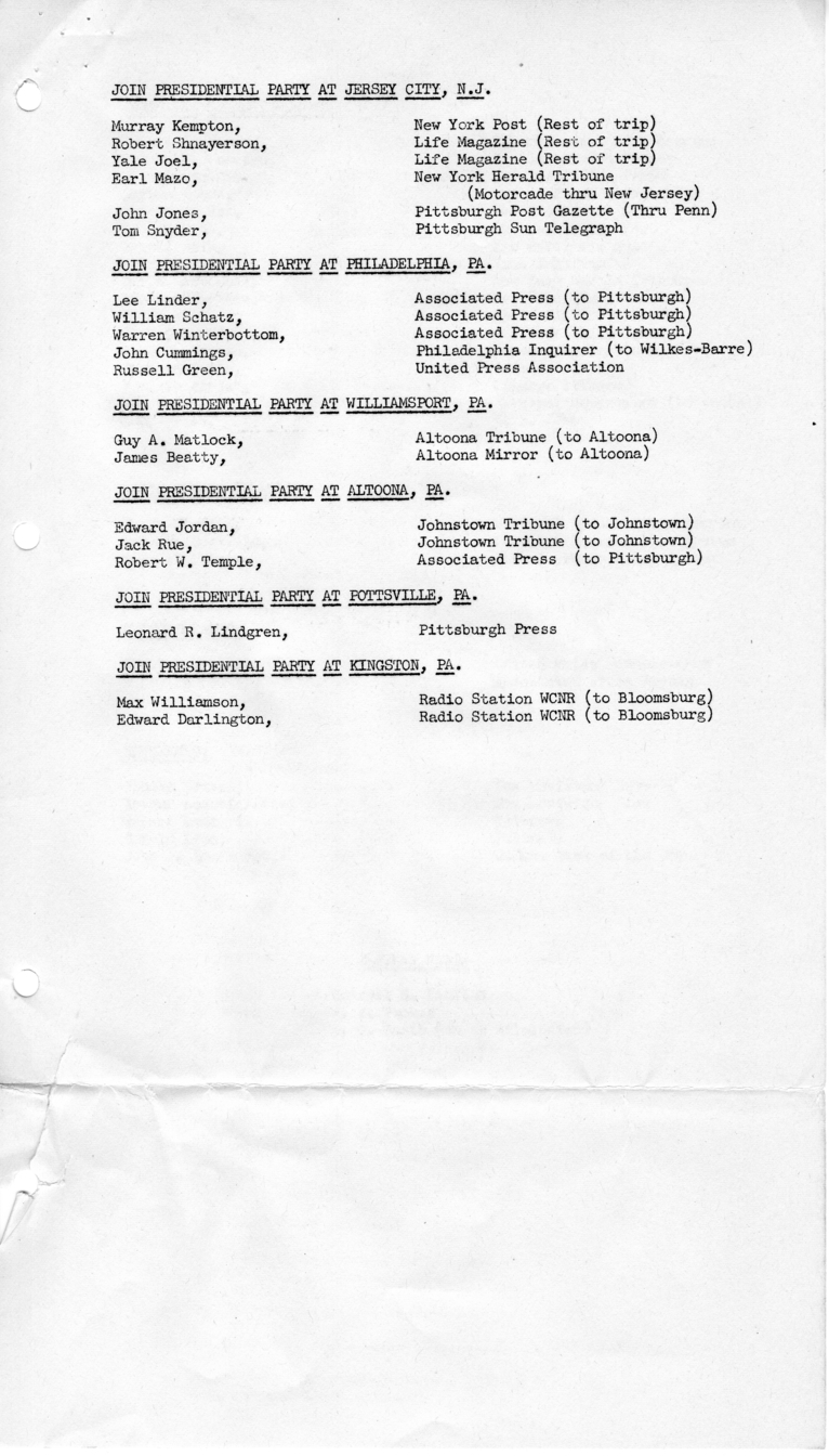 Itinerary and List of the President's Party for President Harry S. Truman's Campaign Trip