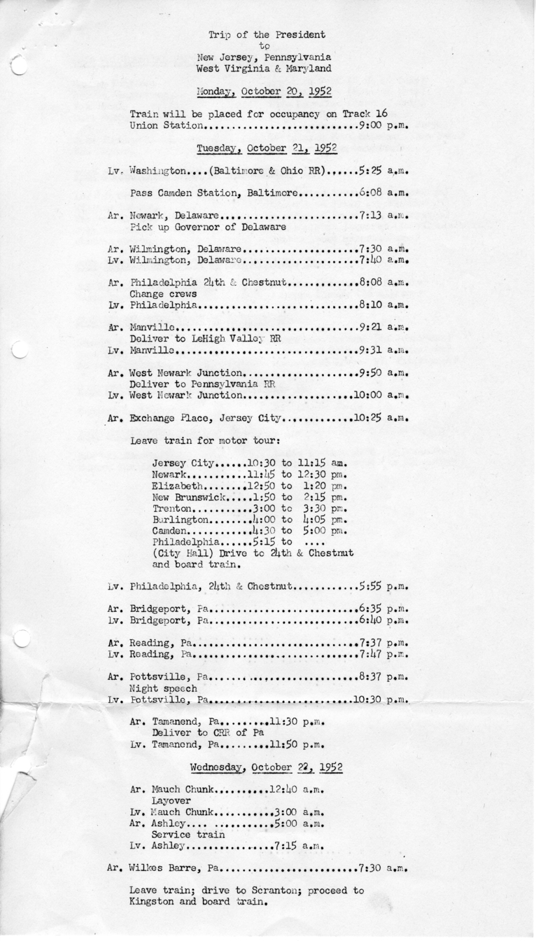 Itinerary and List of the President's Party for President Harry S. Truman's Campaign Trip