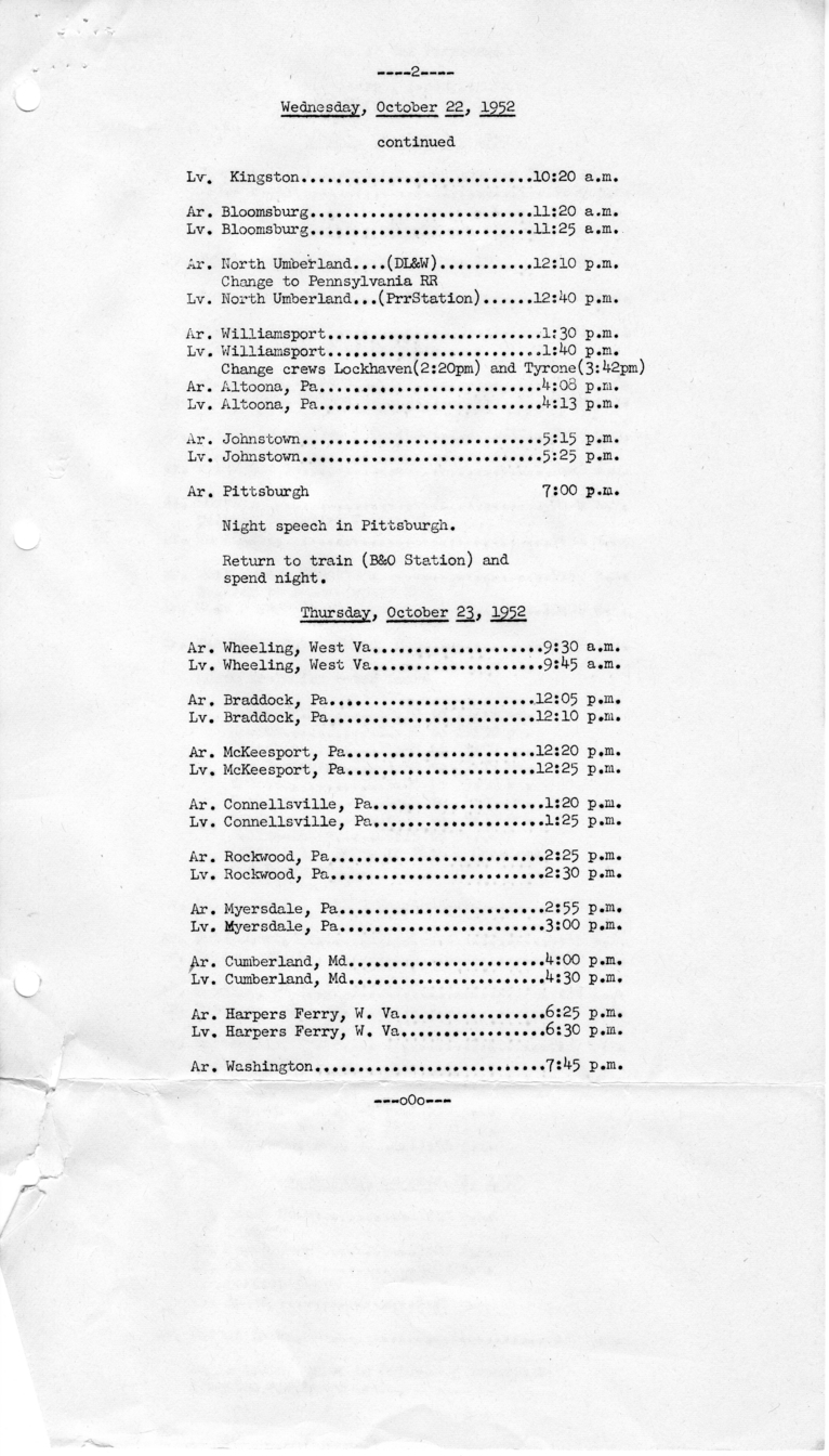 Itinerary and List of the President's Party for President Harry S. Truman's Campaign Trip