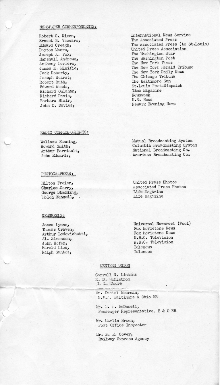 Itinerary and List of the President's Party for President Harry S. Truman's Campaign Trip