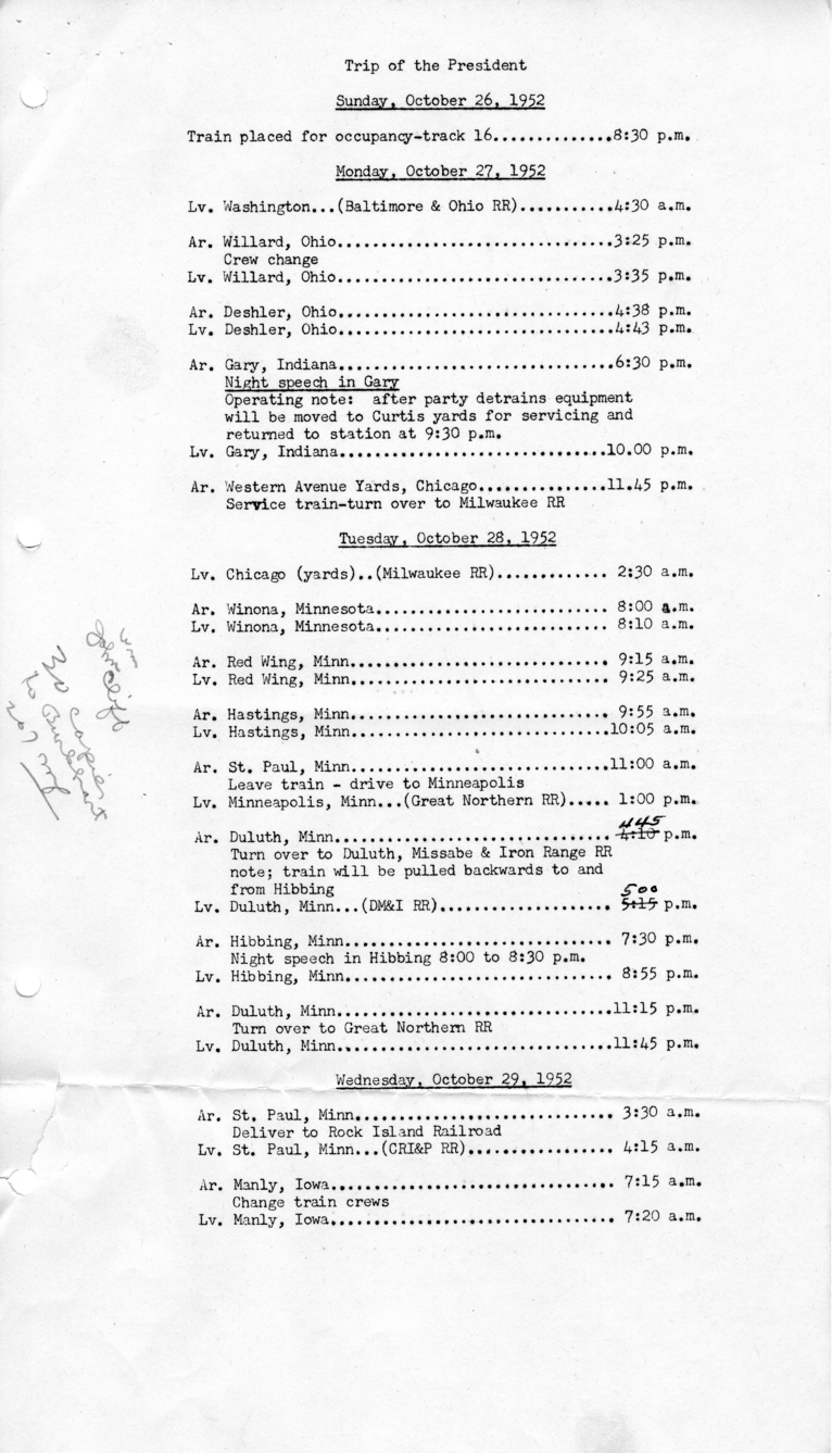 Itinerary and List of the President's Party for President Harry S. Truman's Campaign Trip