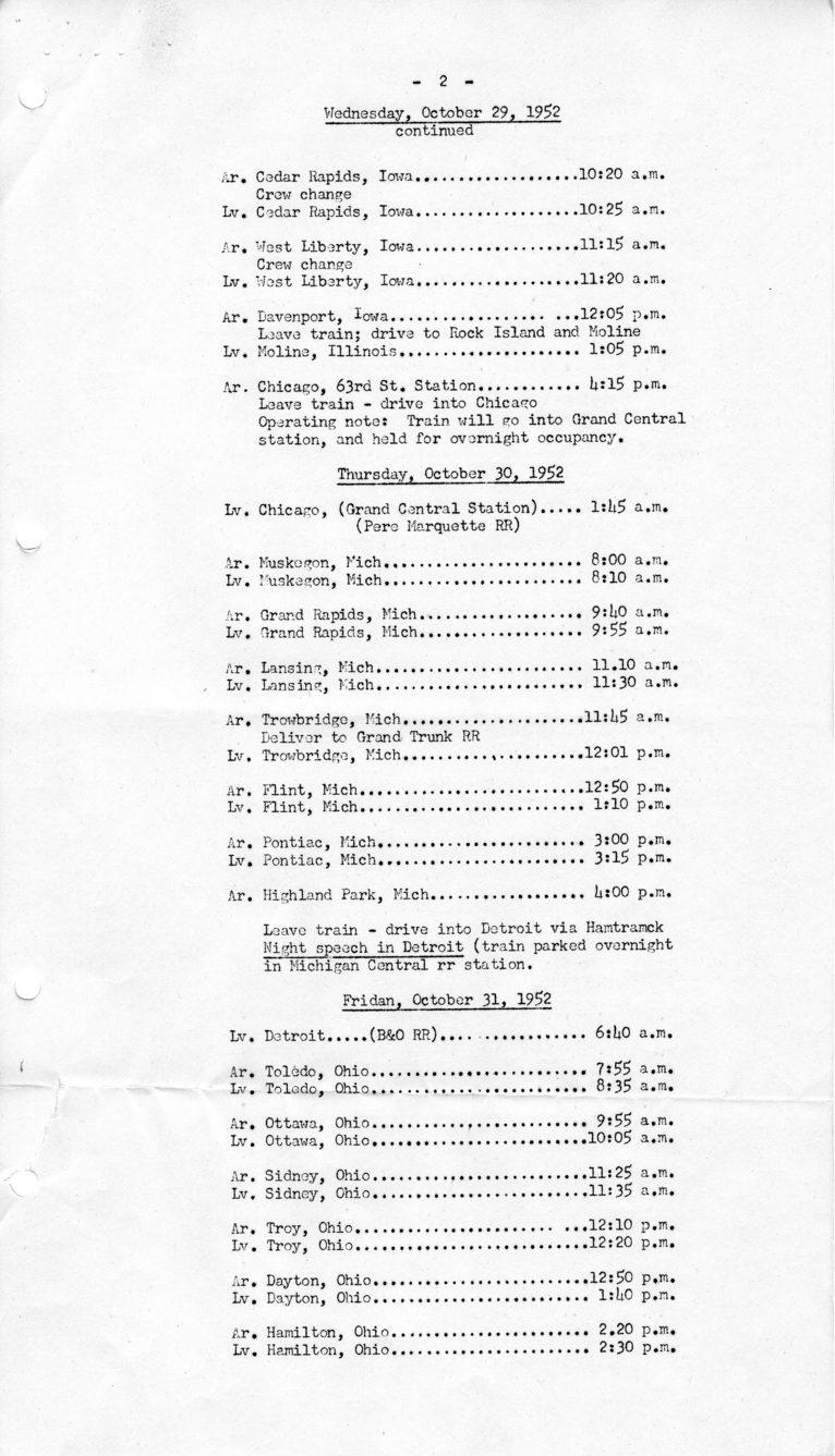 Itinerary and List of the President's Party for President Harry S. Truman's Campaign Trip