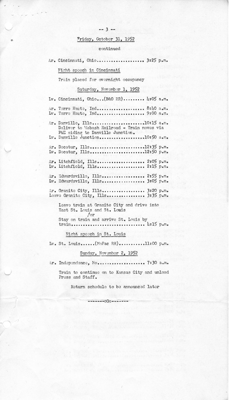 Itinerary and List of the President's Party for President Harry S. Truman's Campaign Trip