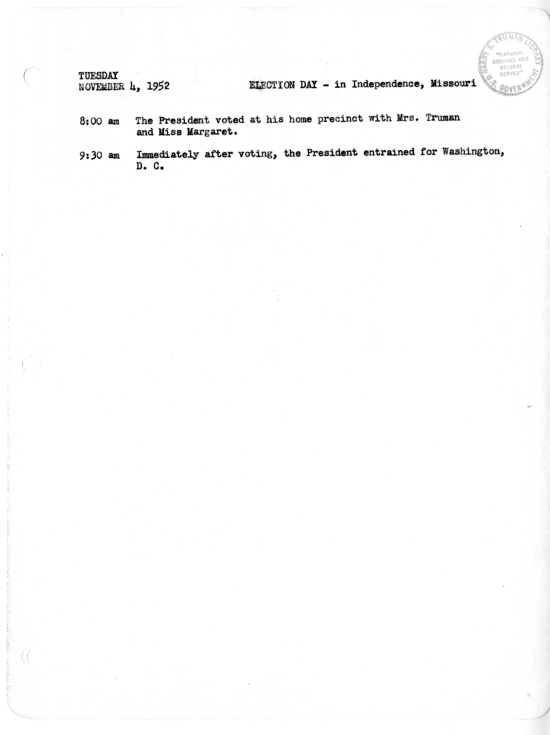 Daily Appointment Sheet for President Harry S. Truman