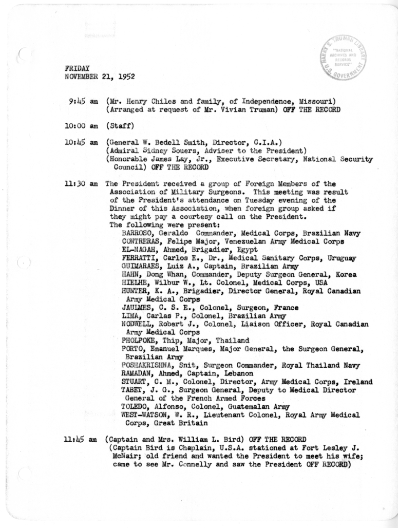 Daily Appointment Sheet for President Harry S. Truman
