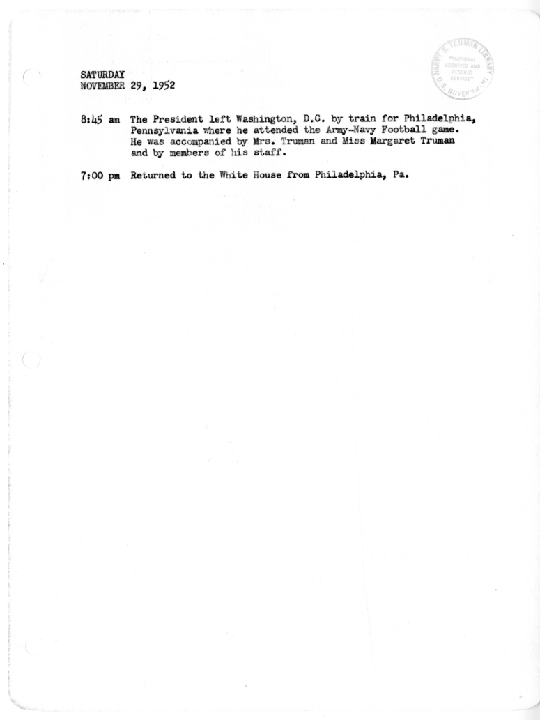 Daily Appointment Sheet for President Harry S. Truman