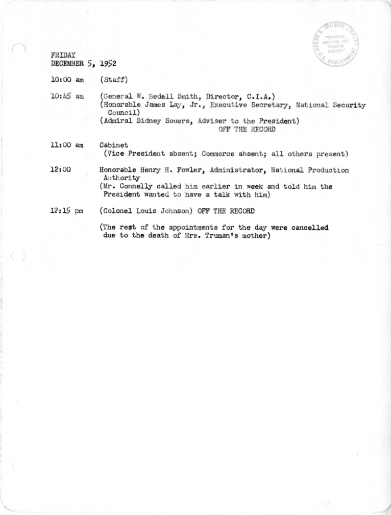 Daily Appointment Sheet for President Harry S. Truman