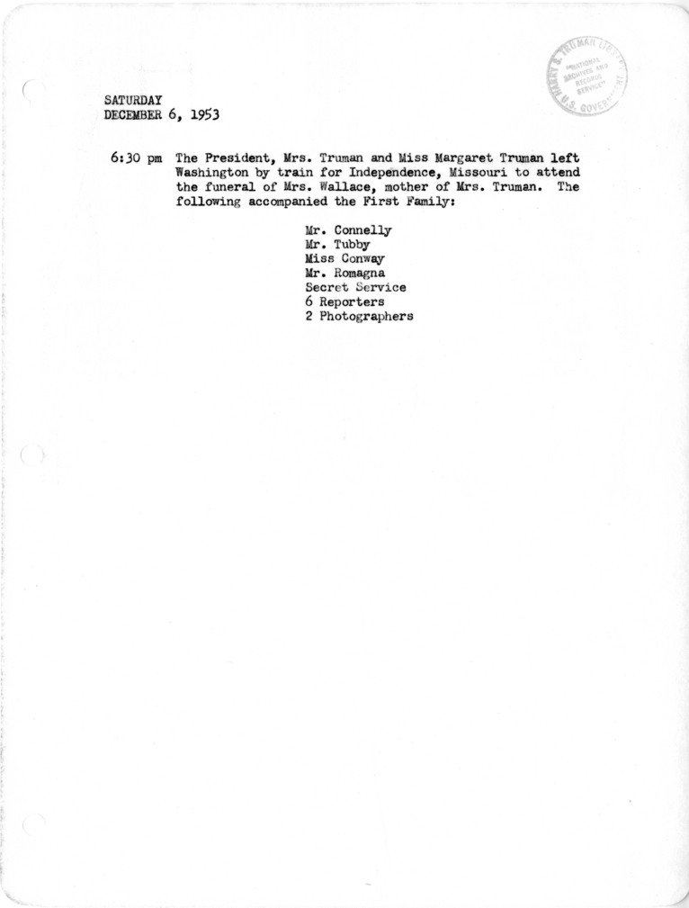 Daily Appointment Sheet for President Harry S. Truman