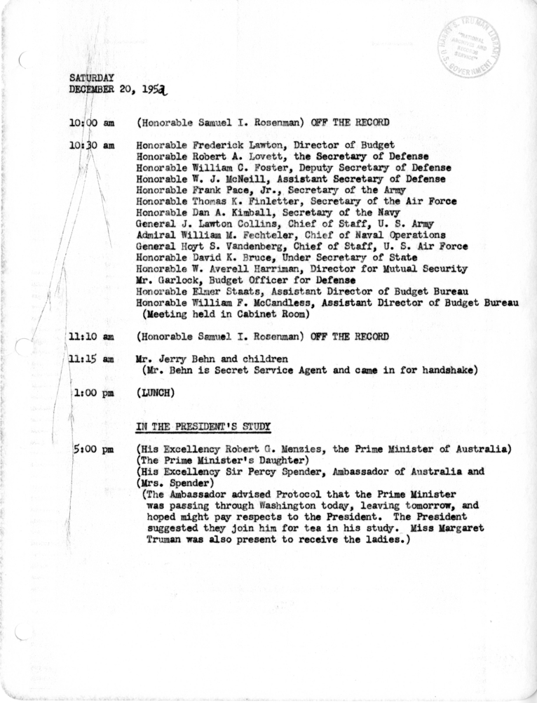 Daily Appointment Sheet for President Harry S. Truman