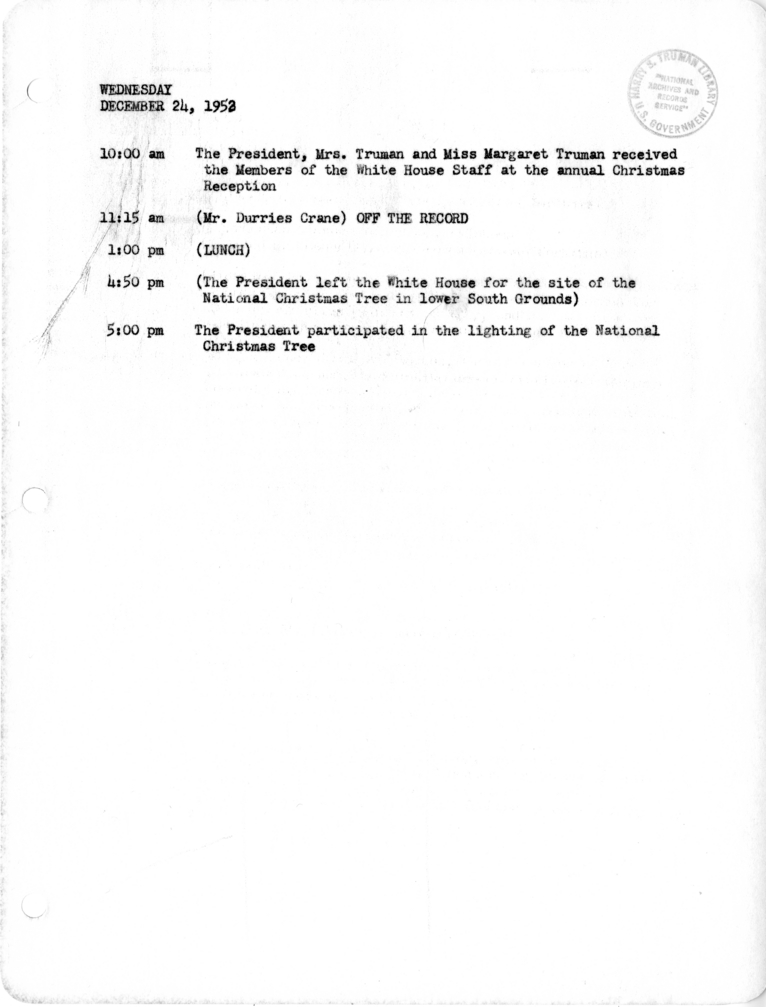 Daily Appointment Sheet for President Harry S. Truman