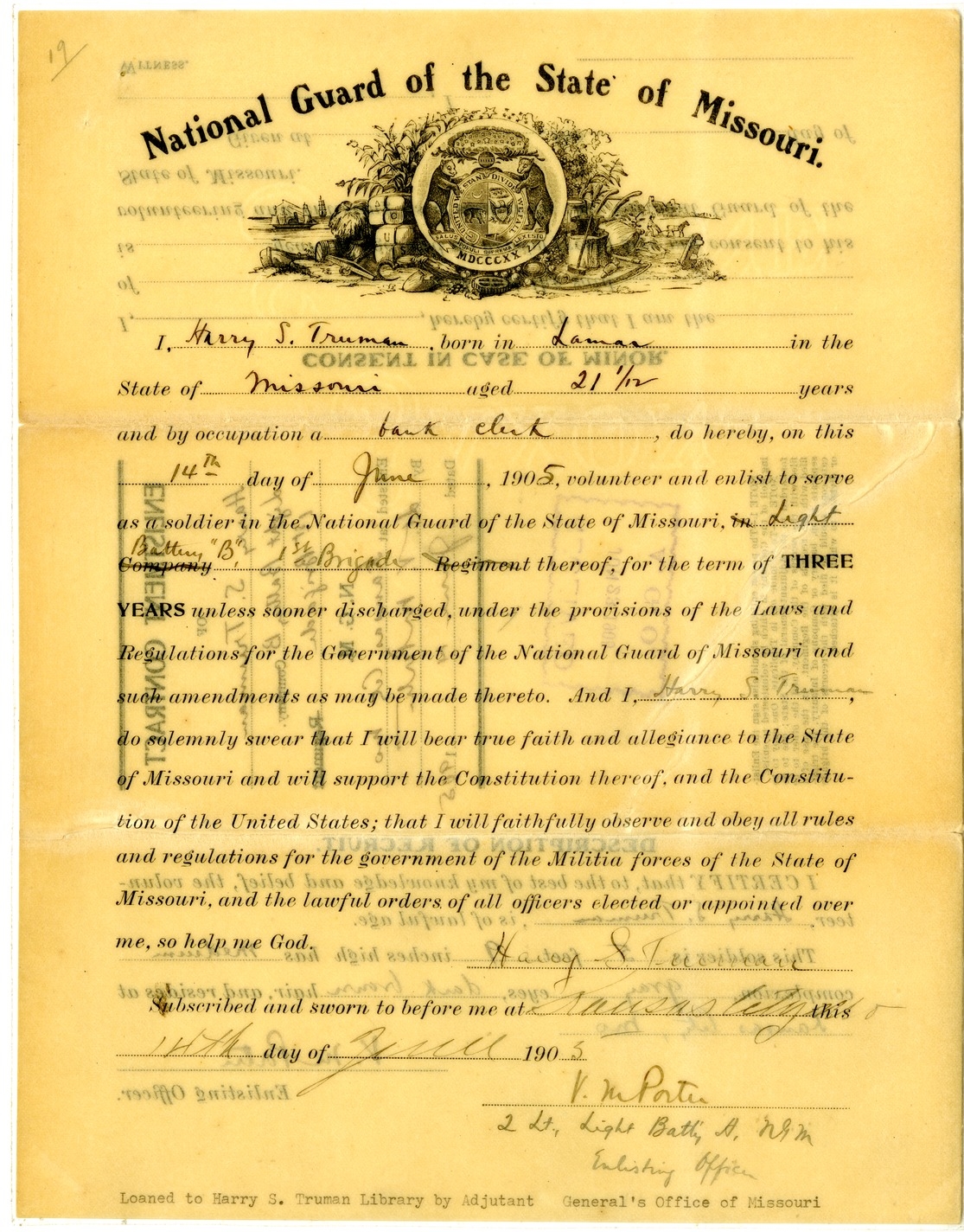 Enlistment Contract in the National Guard of the State of Missouri for Harry S. Truman