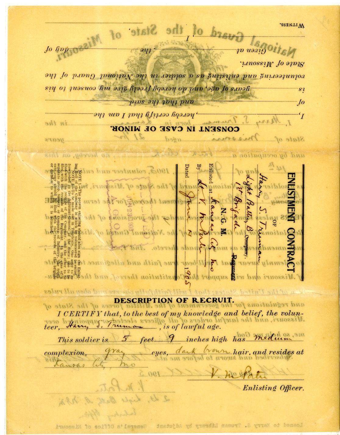 Enlistment Contract in the National Guard of the State of Missouri for Harry S. Truman