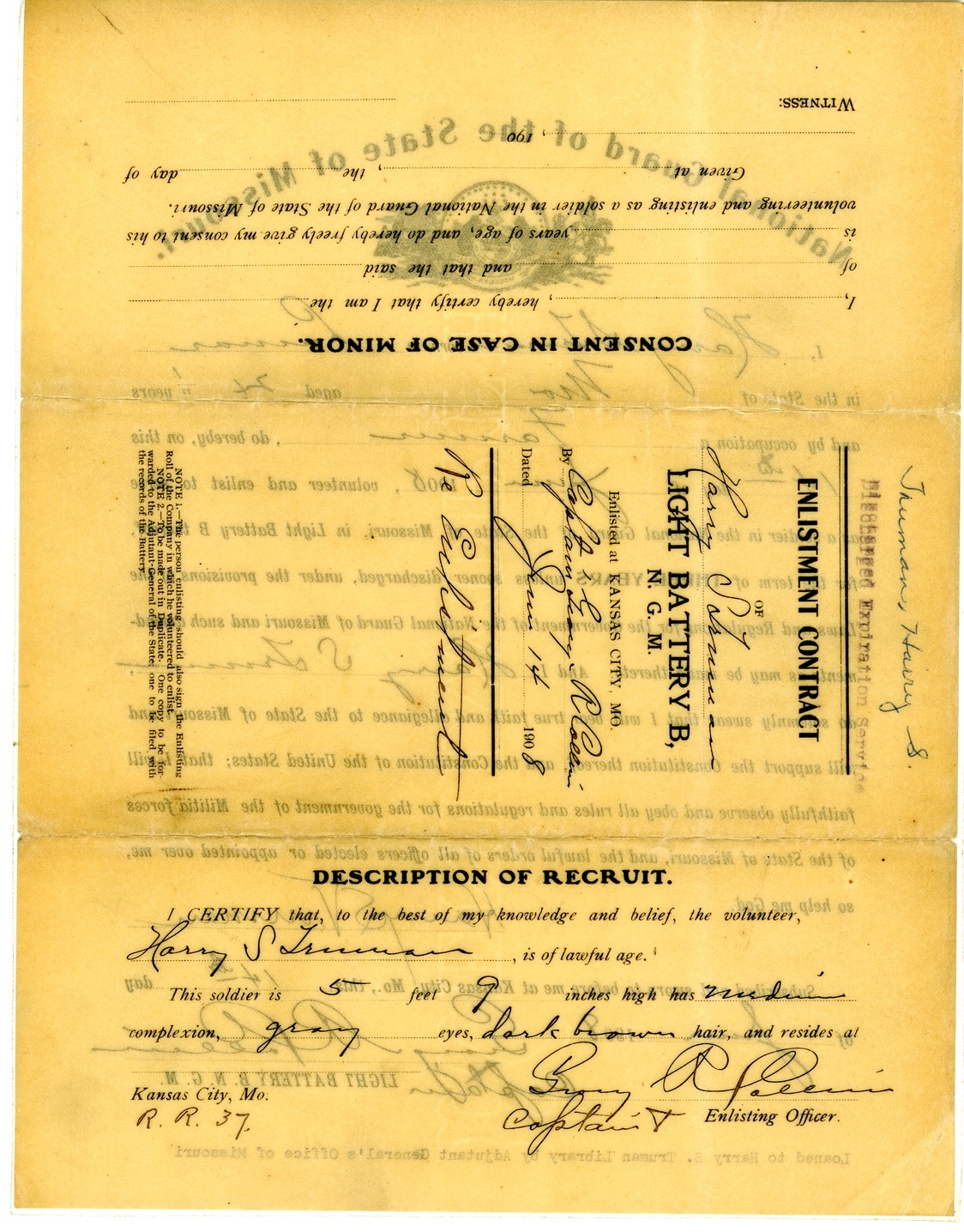 Enlistment Contract in the National Guard of the State of Missouri for Harry S. Truman