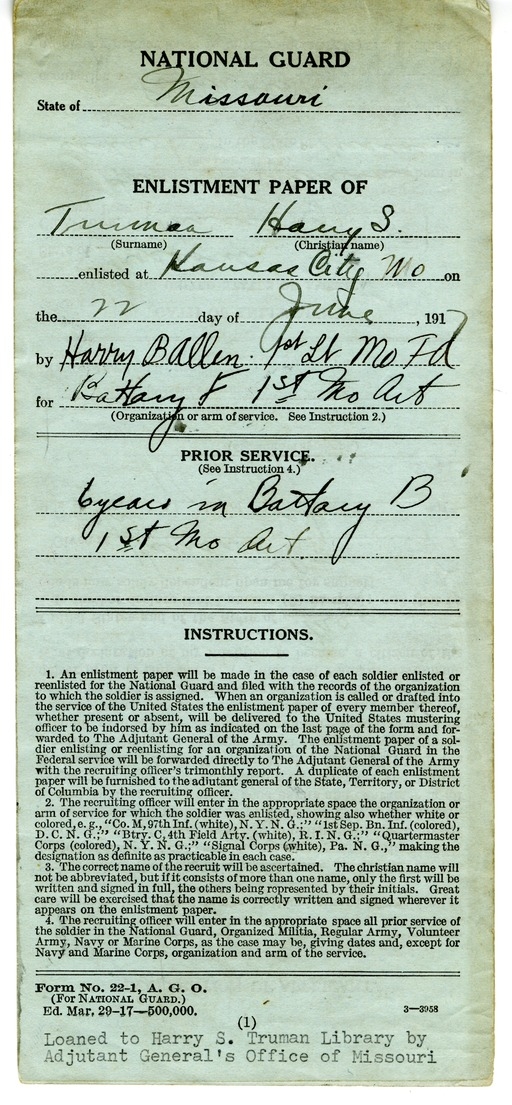 Enlistment Paper in the National Guard of Missouri for Harry S. Truman