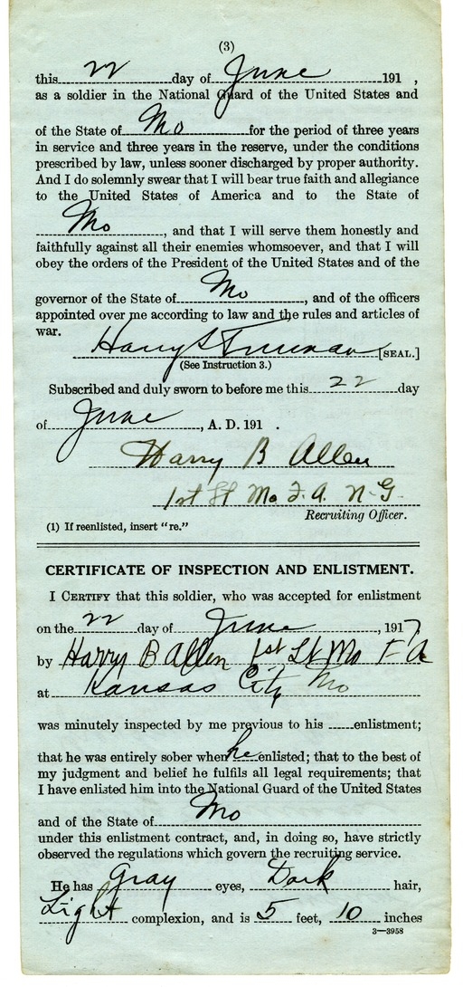 Enlistment Paper in the National Guard of Missouri for Harry S. Truman