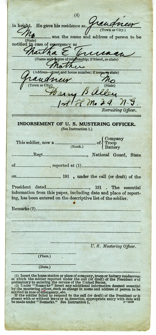 Enlistment Paper in the National Guard of Missouri for Harry S. Truman